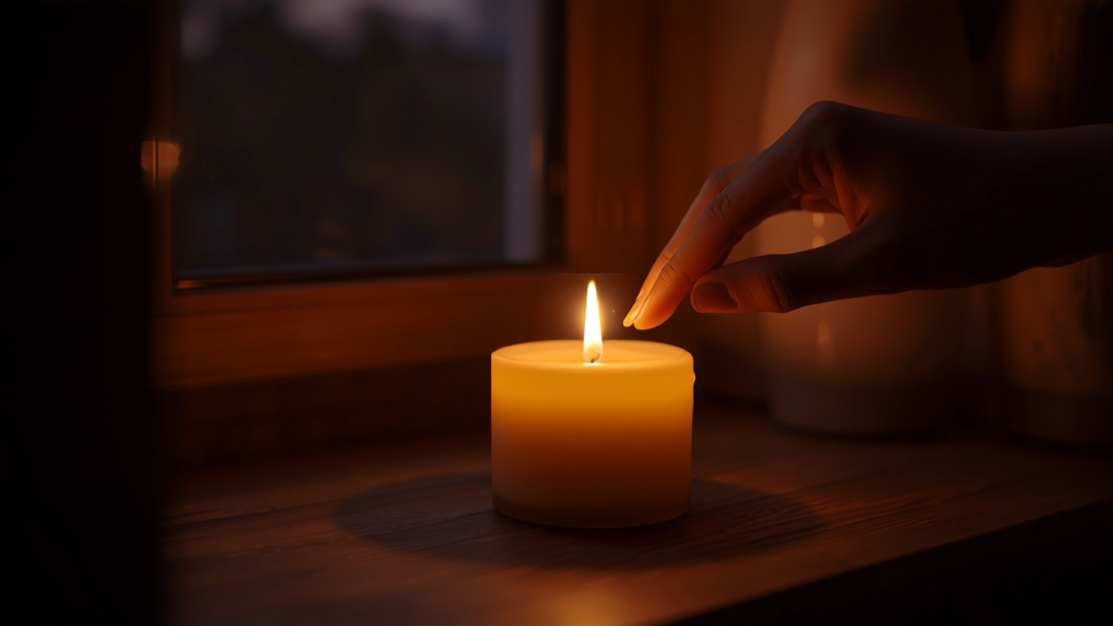 A lit candle glowing on a wooden windowsill in warm evening light, a hand gently reaching toward it
