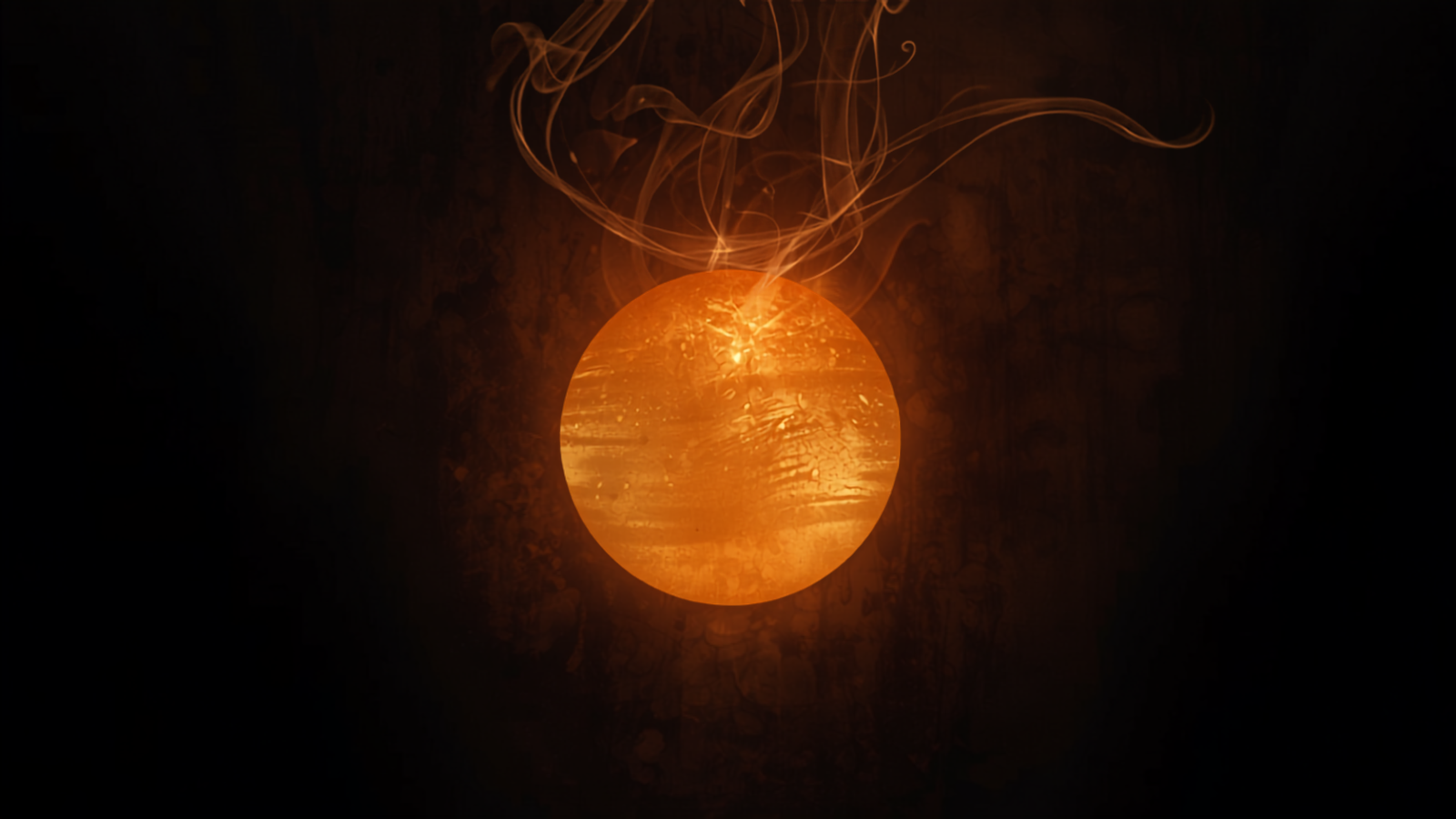 Abstract glowing ember orb with rising smoke, warm orange light in darkness