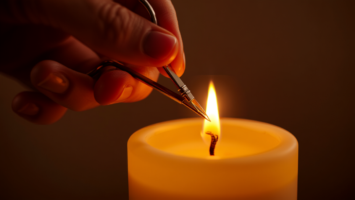 A hand trimming a candle wick with small scissors while the candle burns