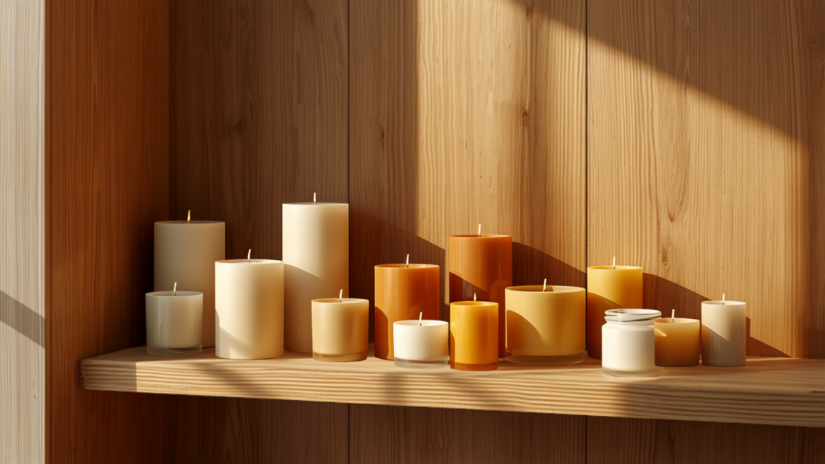 A styled wooden shelf displaying an assortment of pillar and jar candles in warm tones