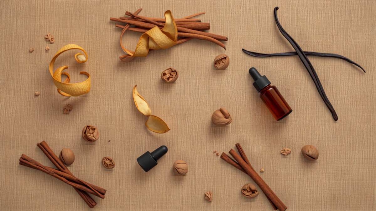 An overhead flatlay of dried citrus peel, cinnamon sticks, vanilla pods, and small glass dropper bottles