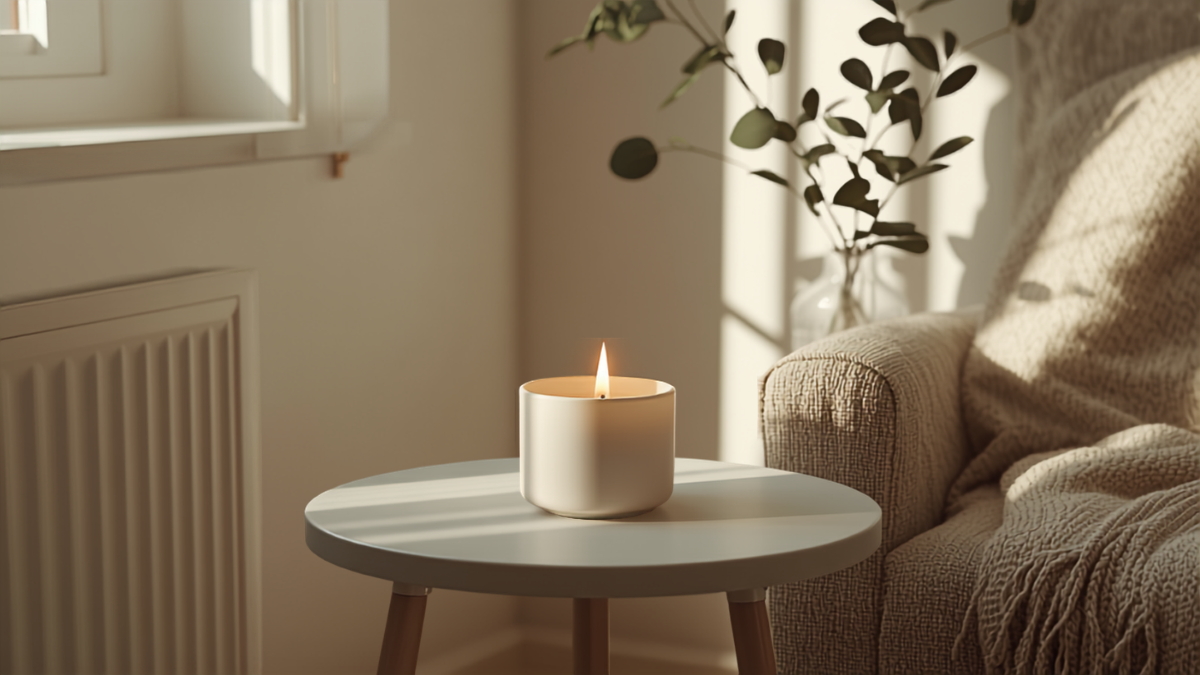 A lit candle on a side table in a cozy, warmly lit living room corner